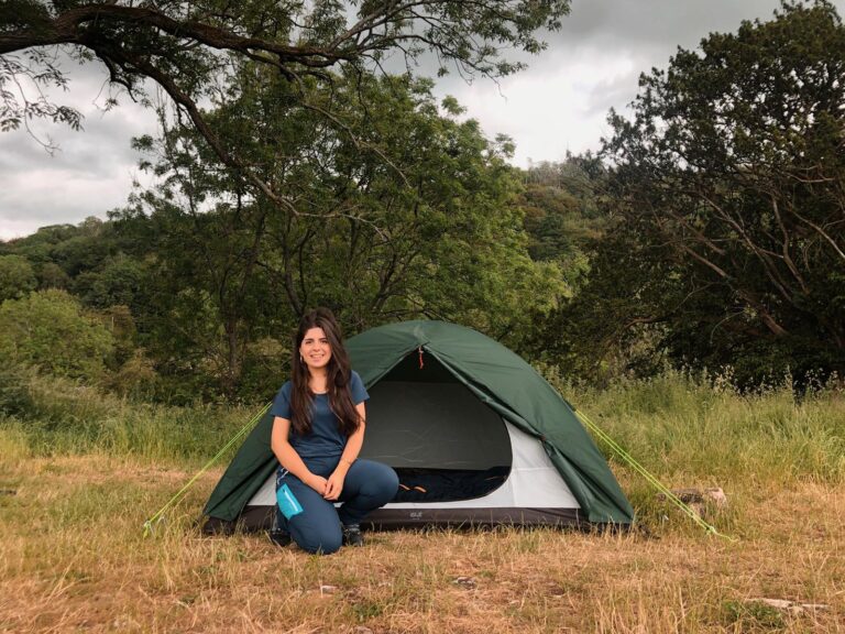 Sophia Burna-Asefi with the Skyrocket II Dome tent